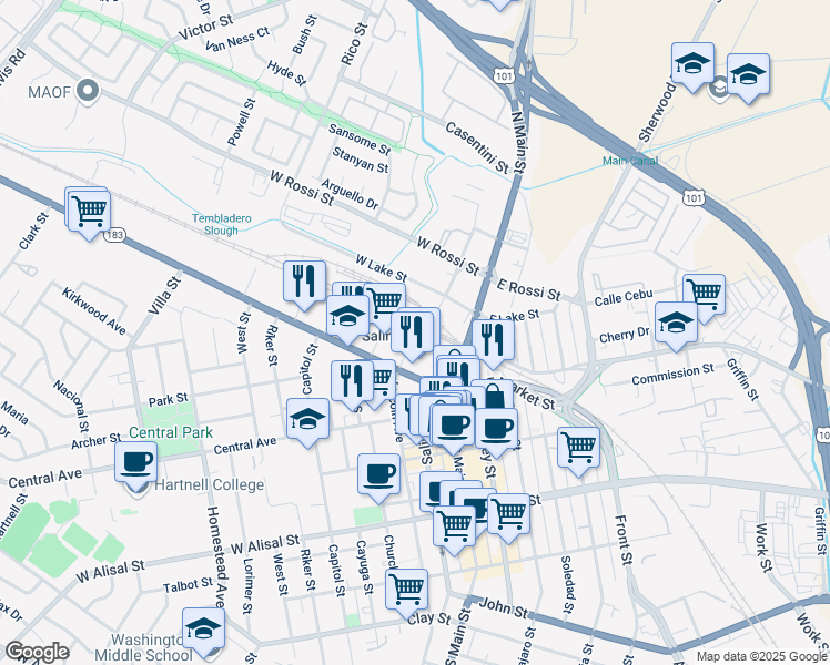 map of restaurants, bars, coffee shops, grocery stores, and more near 11 Station Place in Salinas