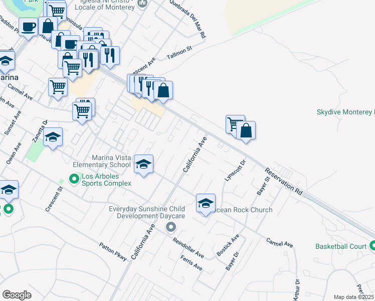 map of restaurants, bars, coffee shops, grocery stores, and more near 3117 Flower Circle in Marina
