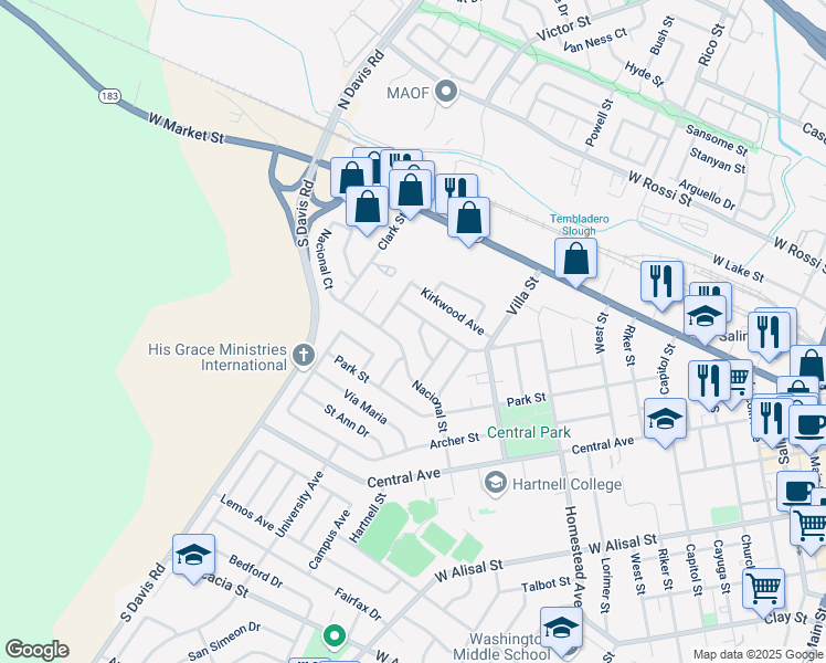 map of restaurants, bars, coffee shops, grocery stores, and more near 12 Coronado Avenue in Salinas