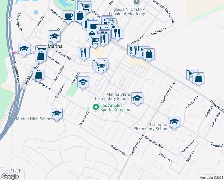 map of restaurants, bars, coffee shops, grocery stores, and more near 330 Carmel Avenue in Marina