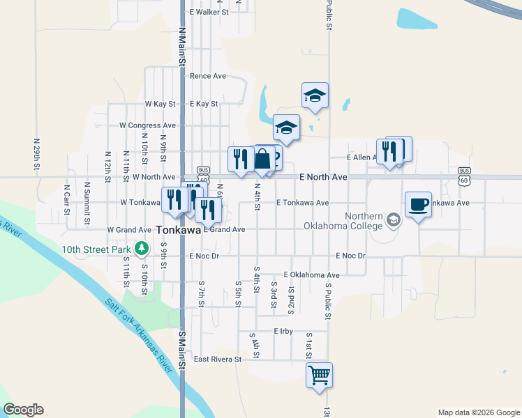 map of restaurants, bars, coffee shops, grocery stores, and more near 110 North 4th Street in Tonkawa