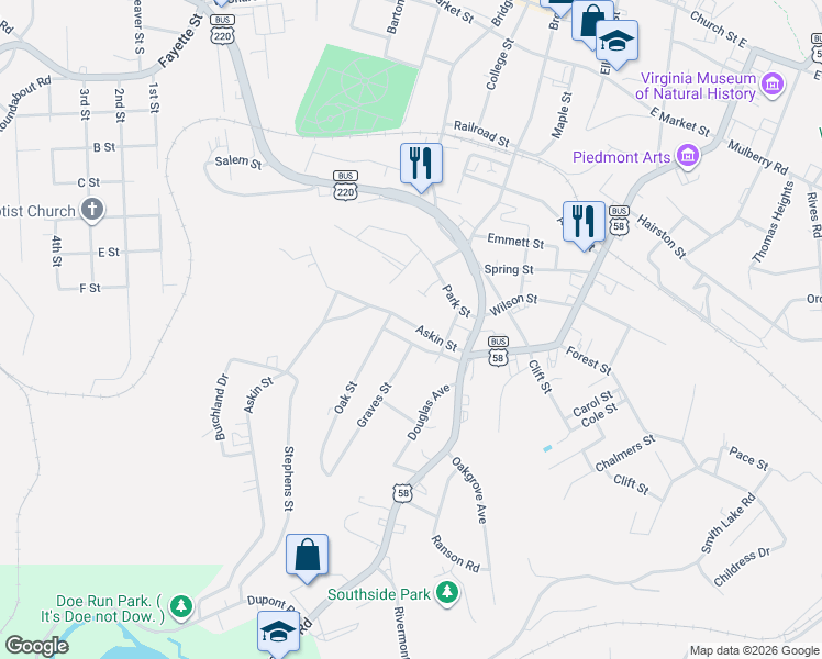 map of restaurants, bars, coffee shops, grocery stores, and more near 101-199 Askin St in Martinsville