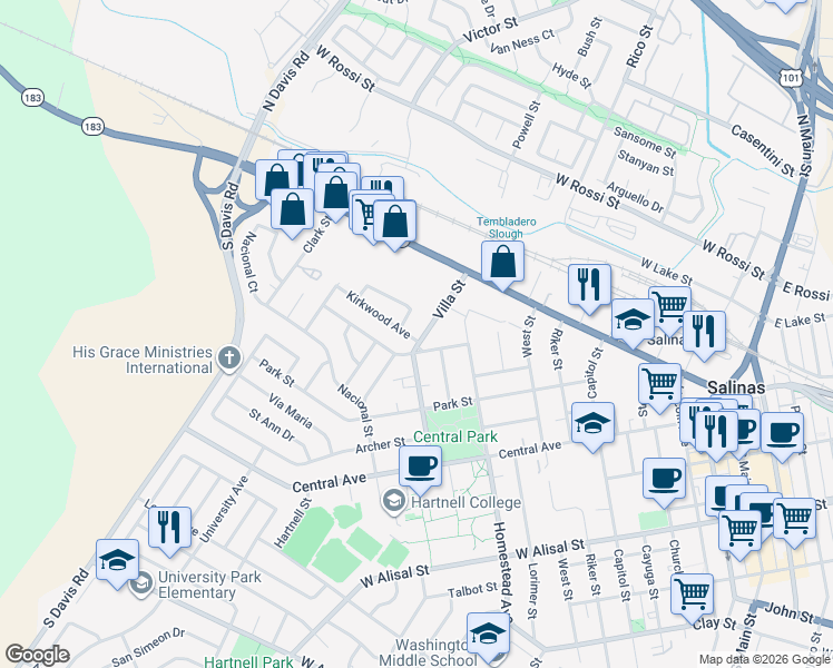 map of restaurants, bars, coffee shops, grocery stores, and more near 510 Kirkwood Avenue in Salinas