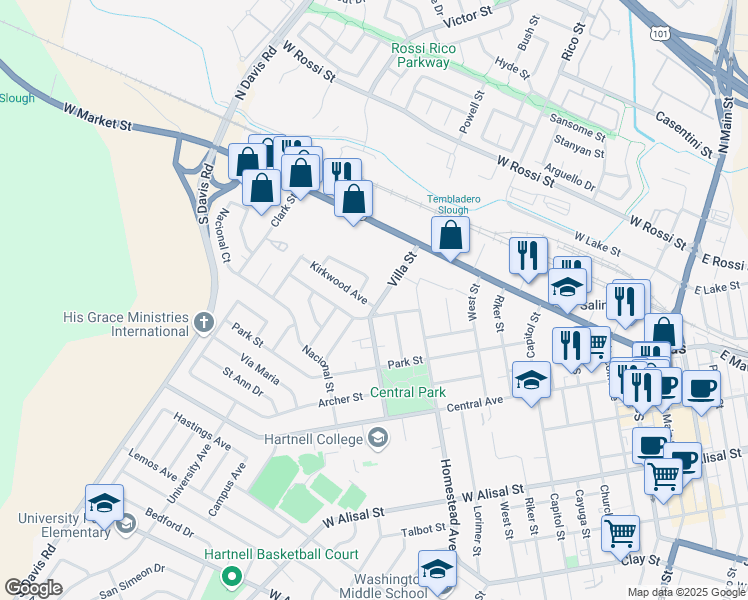 map of restaurants, bars, coffee shops, grocery stores, and more near 510 Kirkwood Avenue in Salinas