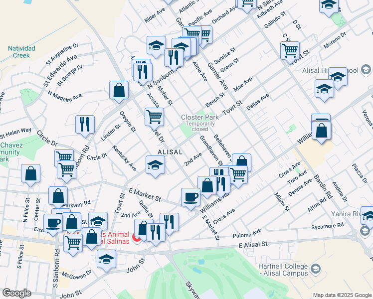 map of restaurants, bars, coffee shops, grocery stores, and more near in Salinas