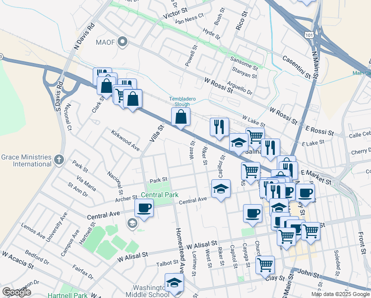 map of restaurants, bars, coffee shops, grocery stores, and more near 15 West Street in Salinas