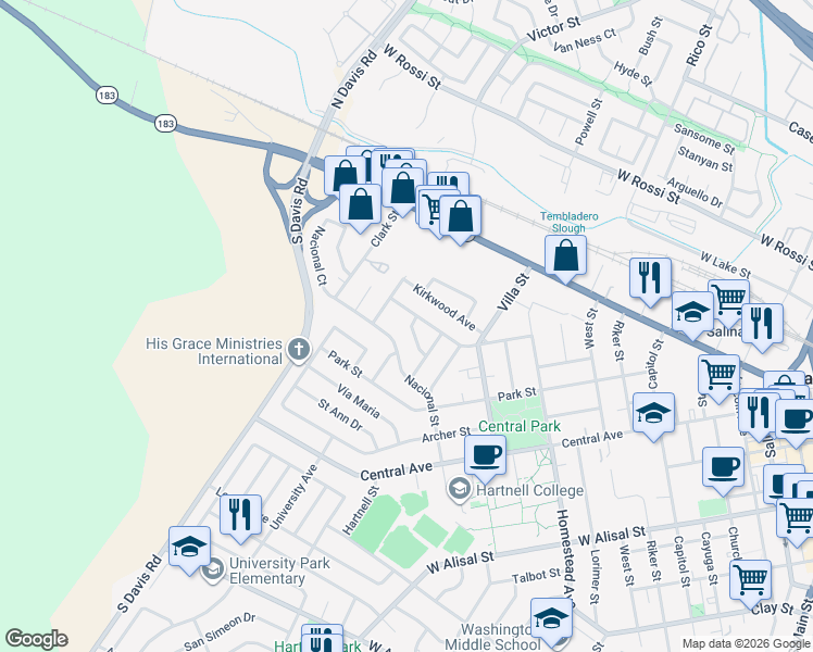 map of restaurants, bars, coffee shops, grocery stores, and more near 12 Coronado Avenue in Salinas