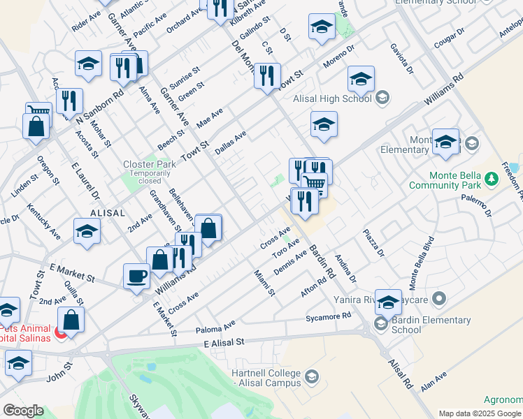 map of restaurants, bars, coffee shops, grocery stores, and more near 515 Williams Road in Salinas