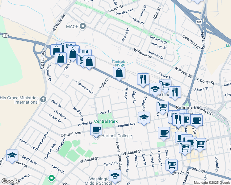 map of restaurants, bars, coffee shops, grocery stores, and more near 8 Anne St in Salinas