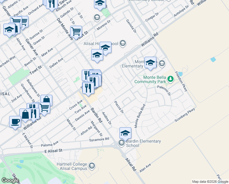 map of restaurants, bars, coffee shops, grocery stores, and more near 1573 Del Monte Avenue in Salinas