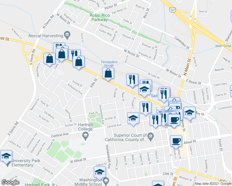 map of restaurants, bars, coffee shops, grocery stores, and more near 15 West Street in Salinas