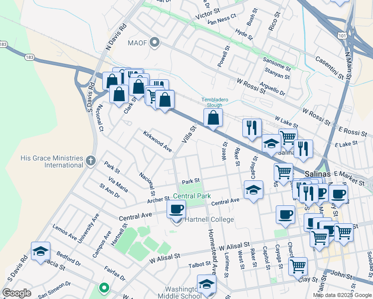 map of restaurants, bars, coffee shops, grocery stores, and more near 422 Wilson Street in Salinas