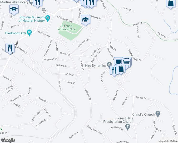 map of restaurants, bars, coffee shops, grocery stores, and more near 817 Parkview Avenue in Martinsville