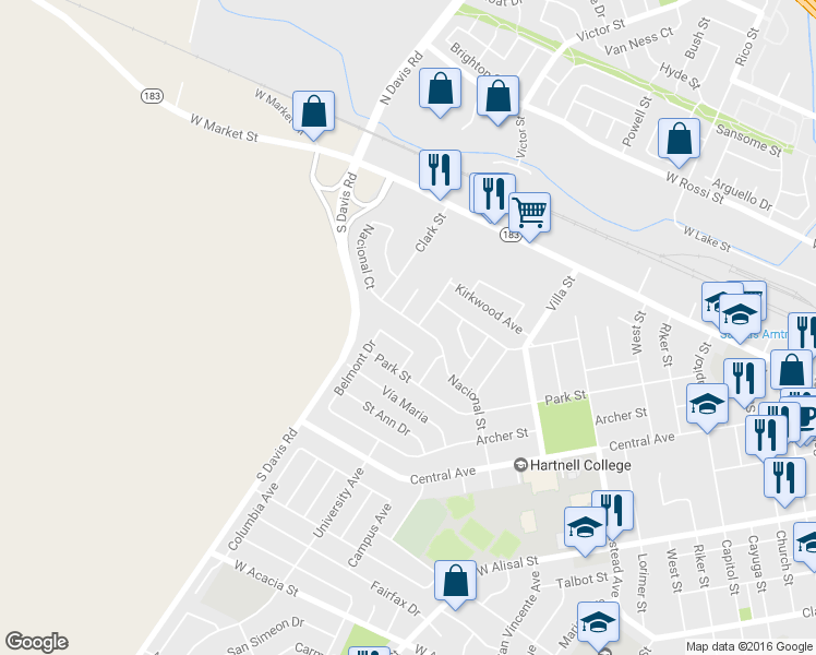 map of restaurants, bars, coffee shops, grocery stores, and more near 14 Nacional Street in Salinas