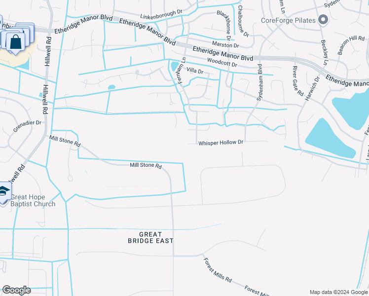 map of restaurants, bars, coffee shops, grocery stores, and more near 801 Whisper Hollow Drive in Chesapeake
