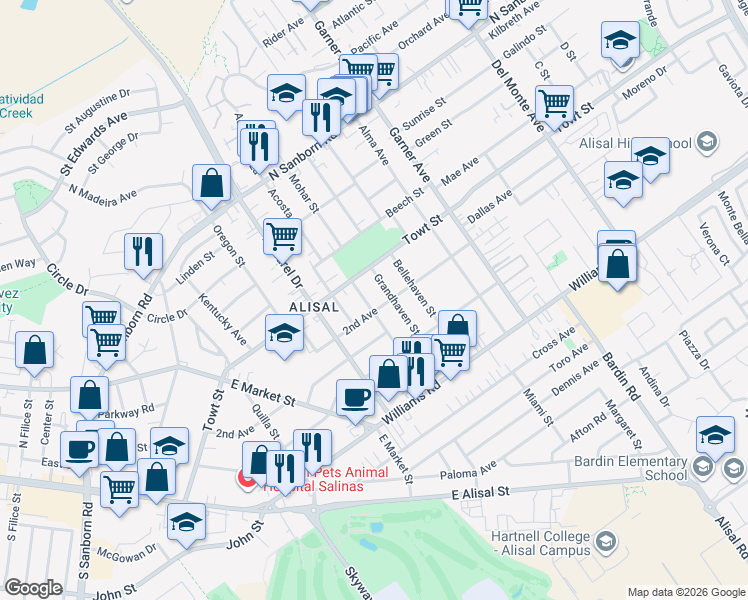 map of restaurants, bars, coffee shops, grocery stores, and more near 1217 Fairhaven Street in Salinas