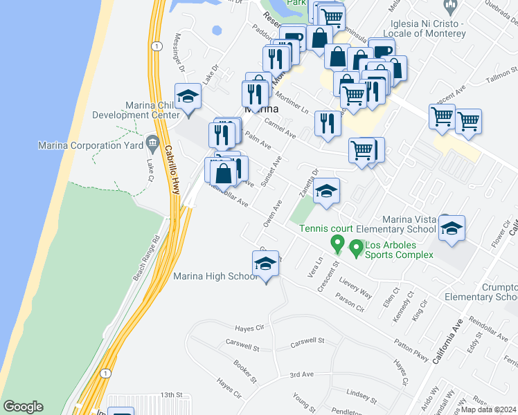 map of restaurants, bars, coffee shops, grocery stores, and more near 241 Reindollar Avenue in Marina