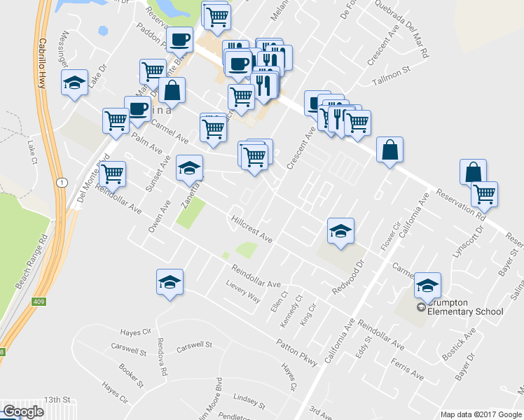 map of restaurants, bars, coffee shops, grocery stores, and more near 3083 Crescent Avenue in Marina