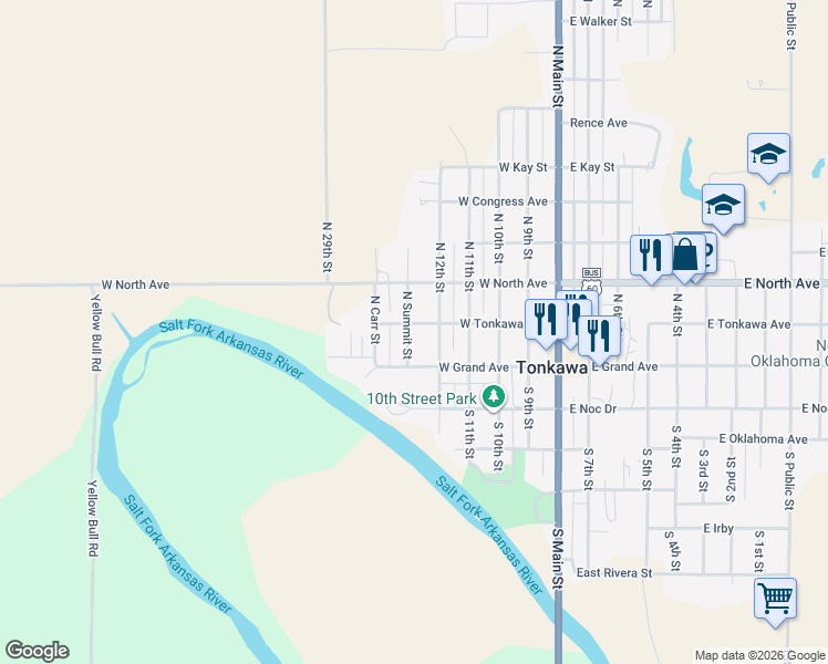 map of restaurants, bars, coffee shops, grocery stores, and more near 114 North Summit Street in Tonkawa