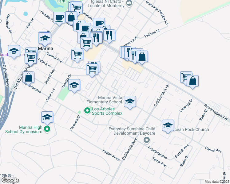 map of restaurants, bars, coffee shops, grocery stores, and more near 347 Carmel Avenue in Marina