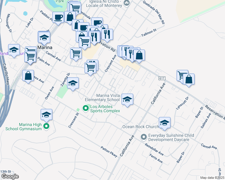 map of restaurants, bars, coffee shops, grocery stores, and more near 347 Carmel Avenue in Marina