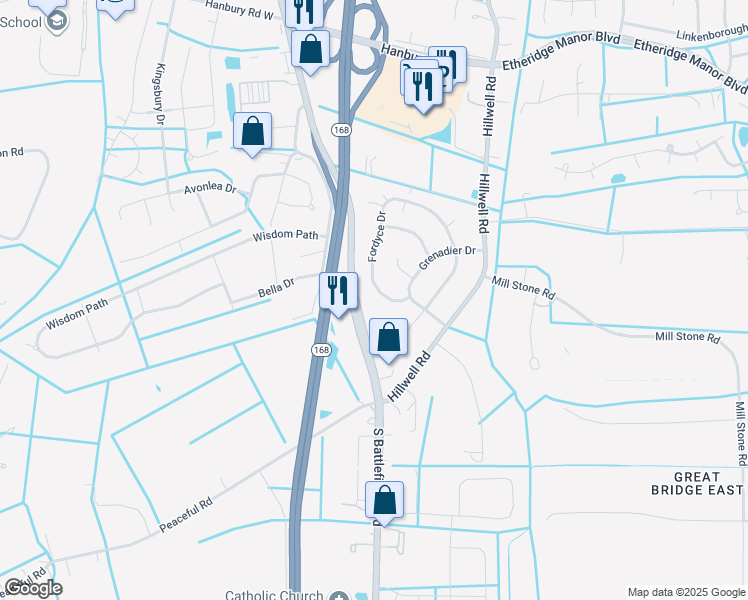 map of restaurants, bars, coffee shops, grocery stores, and more near 1336 Fordyce Drive in Chesapeake
