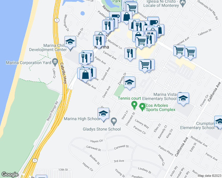 map of restaurants, bars, coffee shops, grocery stores, and more near 3044 Owen Avenue in Marina