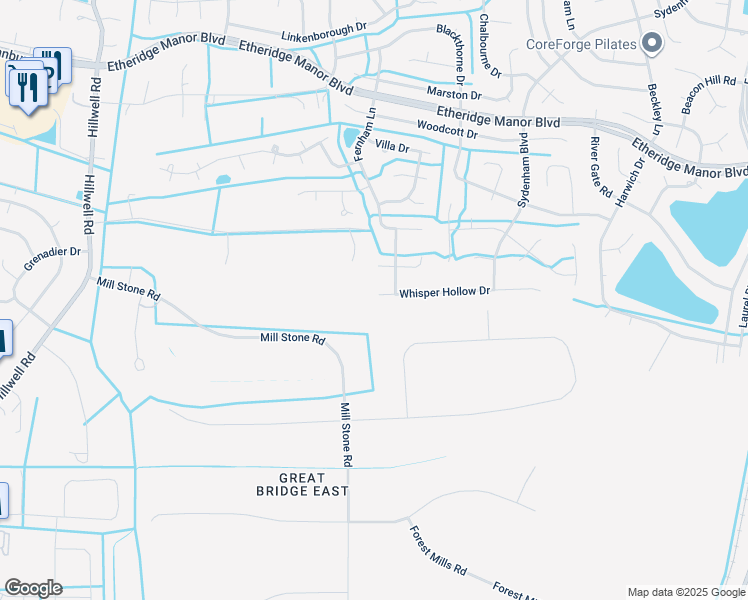 map of restaurants, bars, coffee shops, grocery stores, and more near 801 Whisper Hollow Drive in Chesapeake