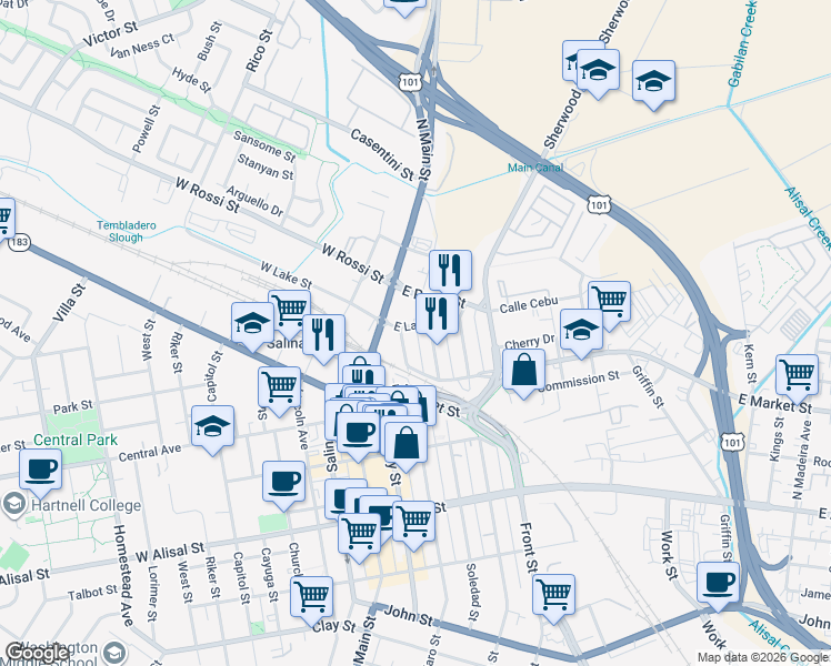 map of restaurants, bars, coffee shops, grocery stores, and more near 110 East Lake Street in Salinas