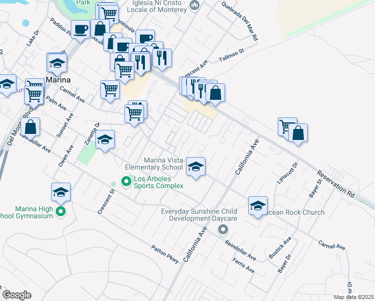 map of restaurants, bars, coffee shops, grocery stores, and more near 3099 Everett Circle in Marina