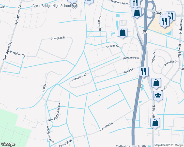 map of restaurants, bars, coffee shops, grocery stores, and more near 245 Wisdom Path in Chesapeake