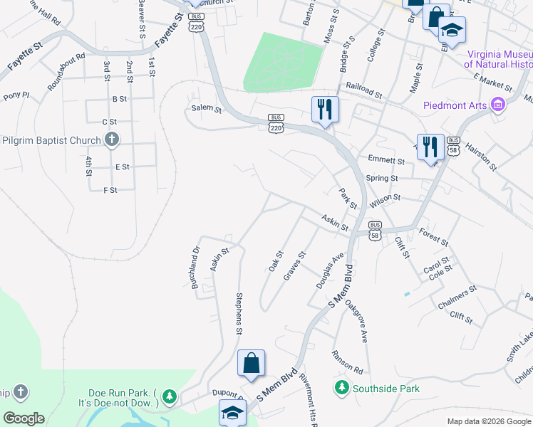 map of restaurants, bars, coffee shops, grocery stores, and more near 1001-1099 Askin St in Martinsville