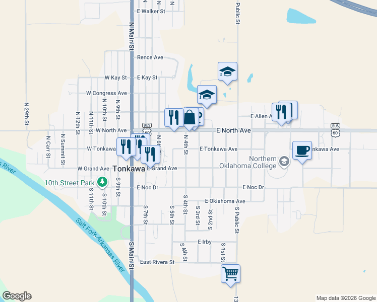 map of restaurants, bars, coffee shops, grocery stores, and more near 110 North 4th Street in Tonkawa
