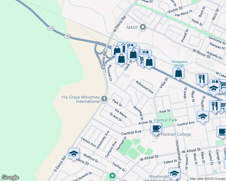 map of restaurants, bars, coffee shops, grocery stores, and more near 456 Belmont Drive in Salinas