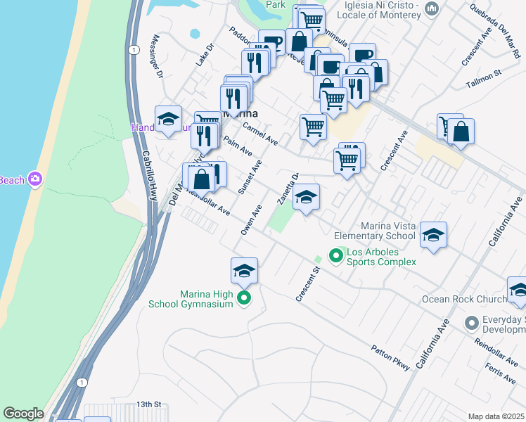 map of restaurants, bars, coffee shops, grocery stores, and more near 3039 Owen Avenue in Marina