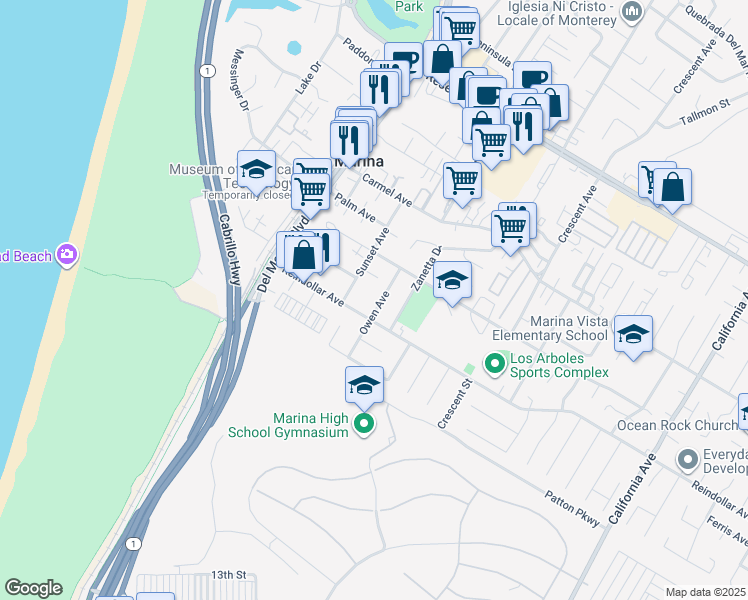 map of restaurants, bars, coffee shops, grocery stores, and more near 3039 Owen Avenue in Marina