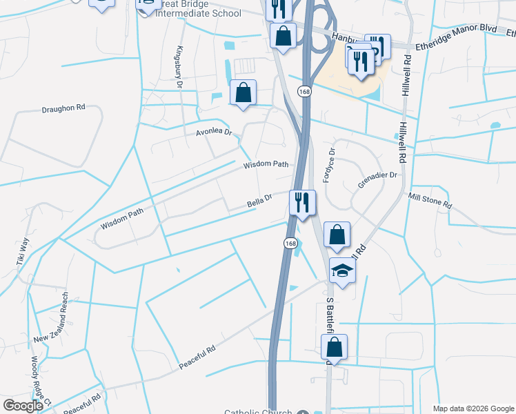 map of restaurants, bars, coffee shops, grocery stores, and more near 137 Bella Drive in Chesapeake