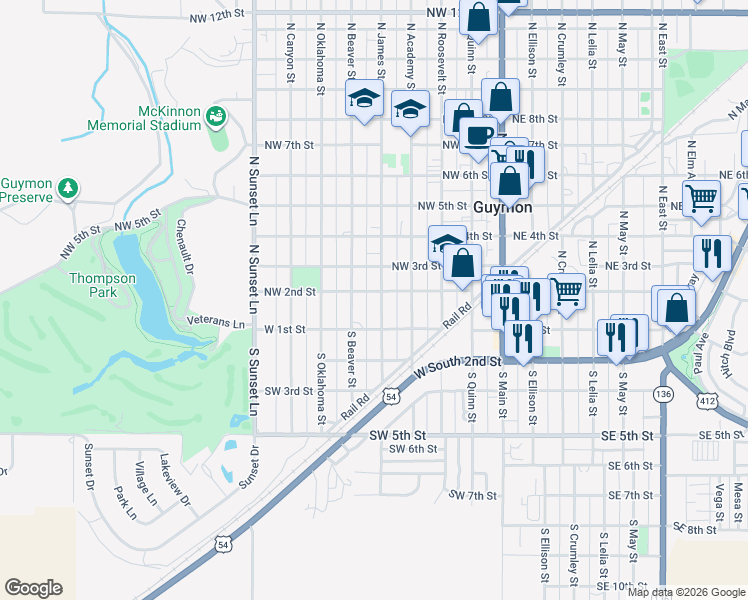 map of restaurants, bars, coffee shops, grocery stores, and more near 124 North James Street in Guymon