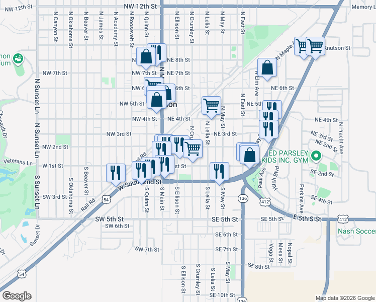 map of restaurants, bars, coffee shops, grocery stores, and more near 253-299 Northeast 2nd Street in Guymon