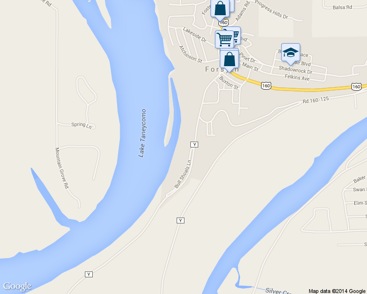 map of restaurants, bars, coffee shops, grocery stores, and more near 116 Bull Shoals Lane in Forsyth
