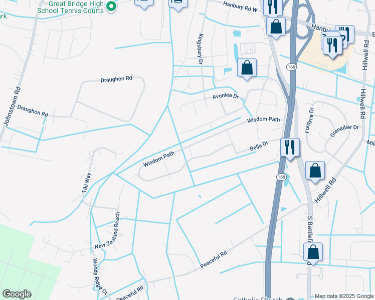 map of restaurants, bars, coffee shops, grocery stores, and more near 243 Wisdom Path in Chesapeake