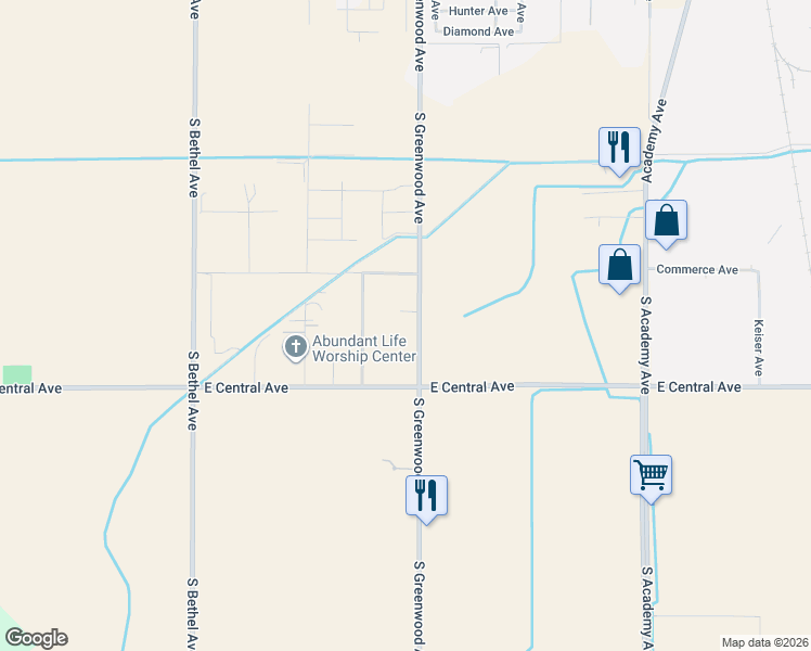 map of restaurants, bars, coffee shops, grocery stores, and more near 3841 South Greenwood Avenue in Sanger