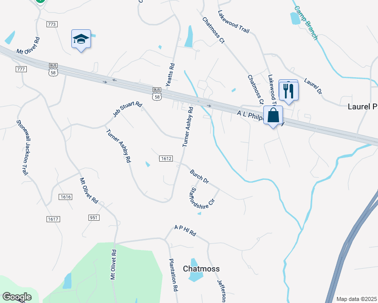 map of restaurants, bars, coffee shops, grocery stores, and more near 101-299 Turner Ashby Road in Martinsville