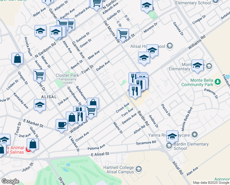 map of restaurants, bars, coffee shops, grocery stores, and more near 515 Williams Road in Salinas
