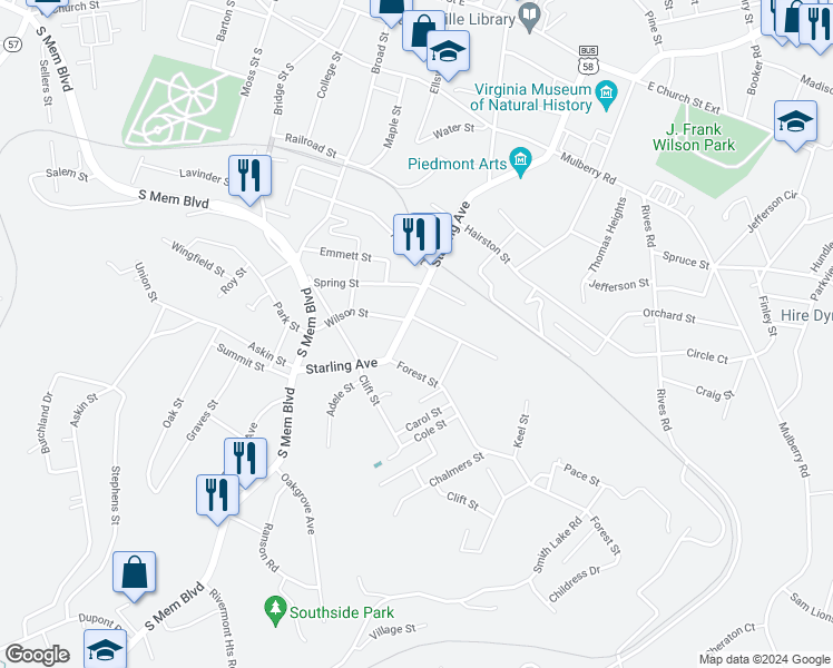 map of restaurants, bars, coffee shops, grocery stores, and more near 300-398 Virginia Street in Martinsville