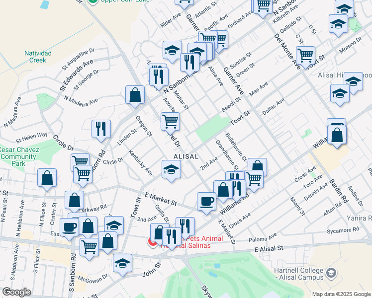 map of restaurants, bars, coffee shops, grocery stores, and more near 1155 East Laurel Drive in Salinas