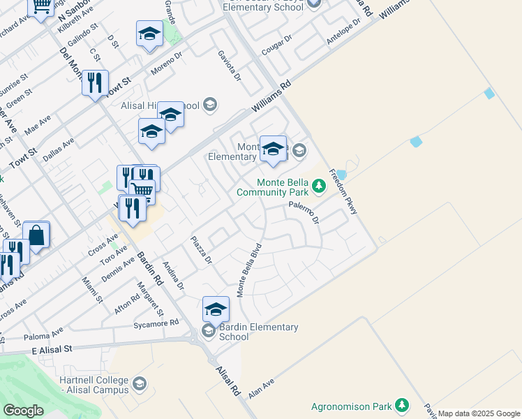 map of restaurants, bars, coffee shops, grocery stores, and more near 9 Genoa Circle in Salinas