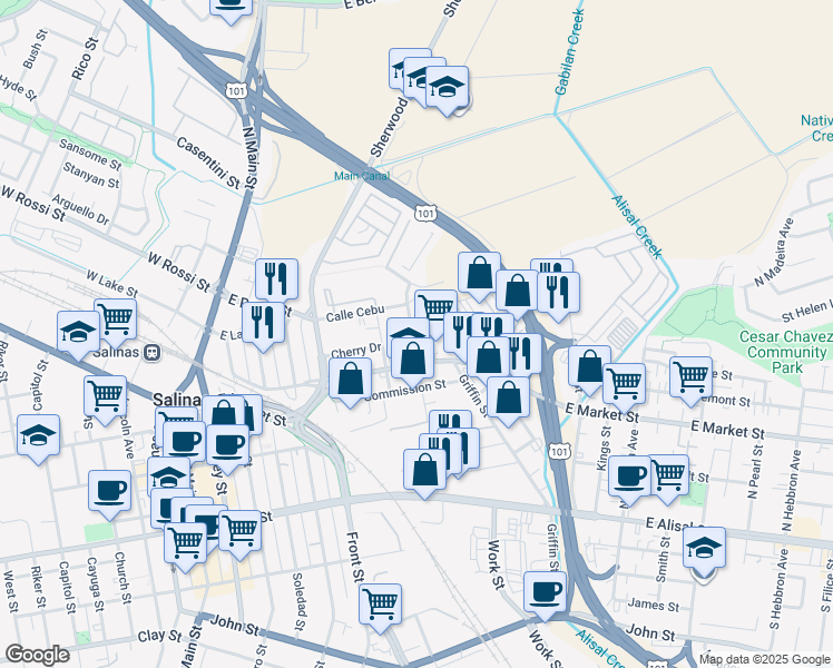 map of restaurants, bars, coffee shops, grocery stores, and more near 29 Sun Street in Salinas