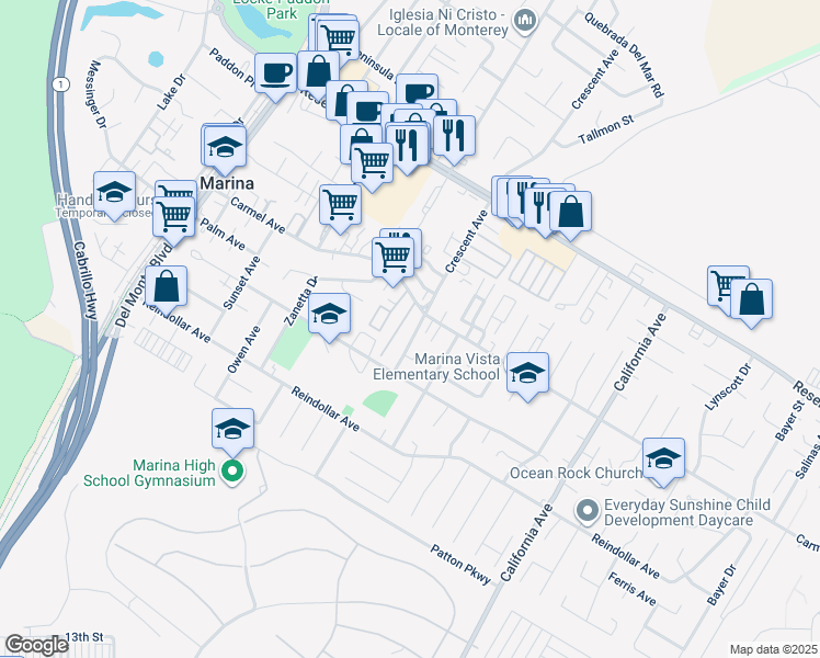 map of restaurants, bars, coffee shops, grocery stores, and more near 3083 Crescent Avenue in Marina