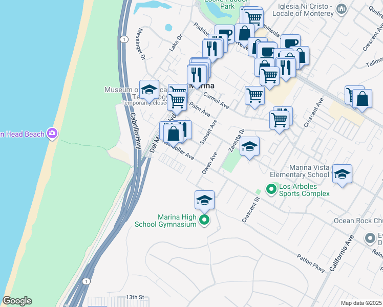 map of restaurants, bars, coffee shops, grocery stores, and more near 238 Reindollar Avenue in Marina